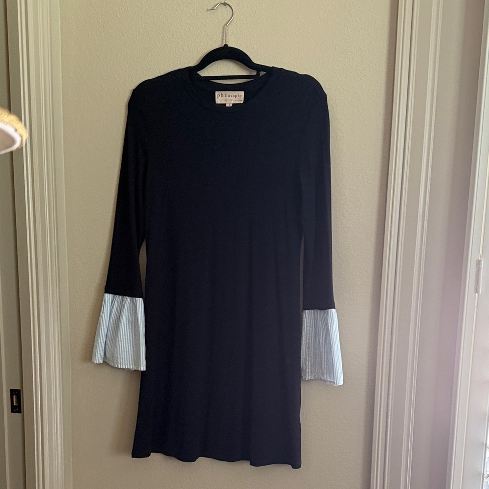 NWOT Philosophy Black Dress with White and Blue Striped Sleeve Accents